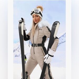 Women's Ski One-Piece Insulated Snow Suit - Beige/Black